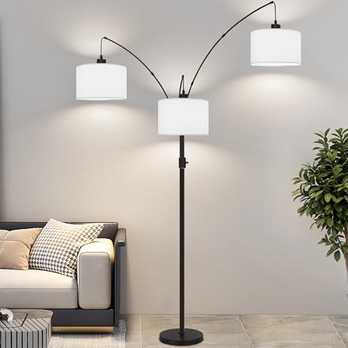 Dimmable Floor Lamp - 3 Lights Arc Floor Lamps for Living Room,Modern Tall Standing Tree Lamp with White Drum Linen Shade & Heavy Base,Mid Century Floor Lamp for Bedroom Corner Office,Bulbs Included - Image 7