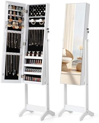 Nicetree Freestanding Jewelry Cabinet, Full Length Mirror, Moon White by Nicetree