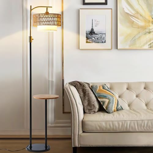 Dimmable Floor Lamp with Table and Marble Base, Arc Floor Lamp with Dimmable Bulb, Boho Farmhouse Standing lamp with Fabric & Rattan Lampshades for Living Room Bedroom (Black and Gold) - Image 3
