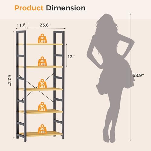 DUMOS 5-Tier Bookshelf, Modern Tall Bookcase Book Shelf - Image 3
