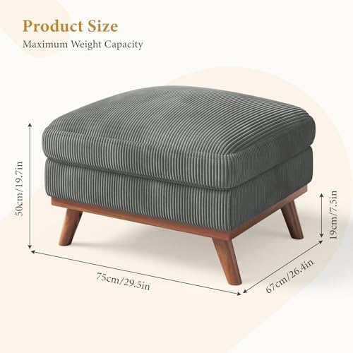 Vesgantti Large Ottoman for Modular Sofa, 29.5" Corduroy Ottoman with Spring Cushion, Rectangle Foot Rest for Couch, Entrance Footstool with Wood Legs, Footstool for Living Room, Bedroom, Dark Gray - Image 2