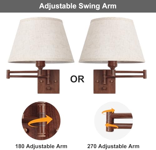 TRLIFE Dimmable Wall Sconce Plug in, Wall Sconces Set of Two Swing Arm Wall Lights with Plug in Cord and On/Off Dimmer Rotary Switch, 11.8" Large Beige Fabric Shade(2 Pack, Walnut Color) - Image 4