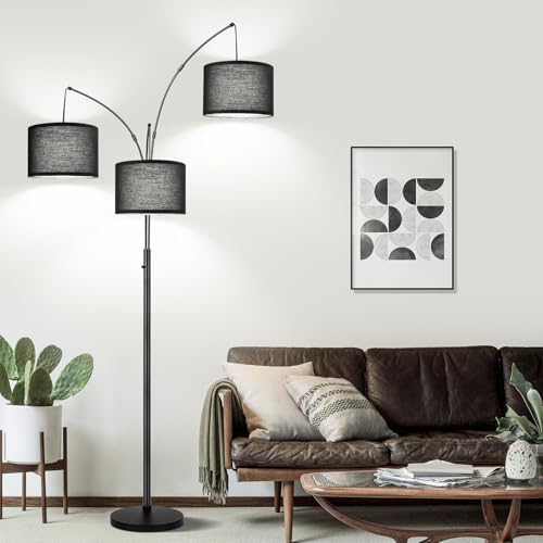 Dimmable Floor Lamp, 3 Lights Black Arc Floor Lamp, Modern Tall Standing Tree Lamp with Black Linen Shades & Heavy Base, 3000LM LED Bulbs, Bright Lighting for Living Room, Bedroom, Office & Reading - Image 6