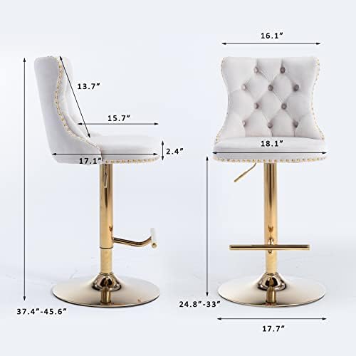 SoarFlash Velvet Bar Stool Set of 2, Adjustable Swivel Bar Stools with Gold Plated Metal Leg, Button Tufted, Footrest, Chrome Nailhead, Counter Height Chair for Kitchen, Bar, Dining Room (Beige) - Image 2
