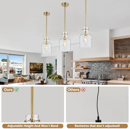 WILON Pendant Light Fixtures,Glass Pendant Lighting for Modern Kitchen Island Adjustable Hanging Ceiling Light 7" Hammered Glass Shade Pendant Lights for Dining Room Kitchen Sink, Gold Metal Finish - Image 5