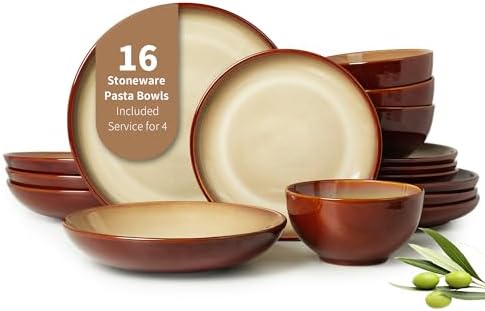 Pokini Stoneware Dinnerware Sets for 4, 16pcs Plates and Bowls Sets Dishes by Pokini