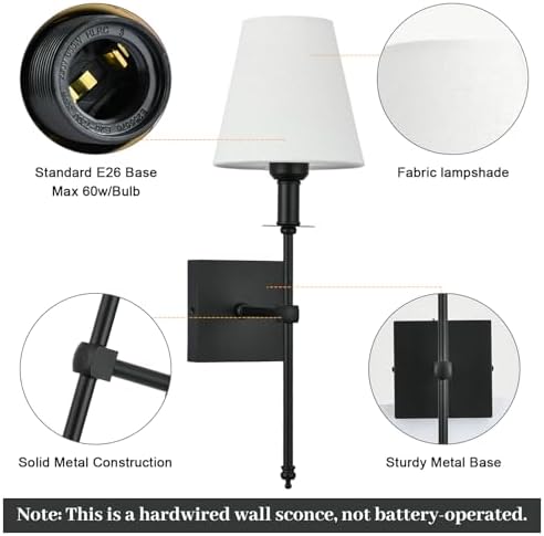 Bsmathom Wall Sconces Sets of 2, Rustic Industrial Wall Lamps, Hardwired Column Stand Sconces Wall Lighting, Bathroom Vanity Light Fixture with Fabric Shade for Bedroom Living Room Kitchen, Black - Image 2