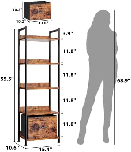 Furologee 5 Tier Bookshelf with Drawer, Tall Narrow Bookcase with Shelves, Wood and Metal Bookshelves Storage Organizer, Industrial Display Standing Shelf Unit for Bedroom, Living Room, Rustic Brown - Image 3