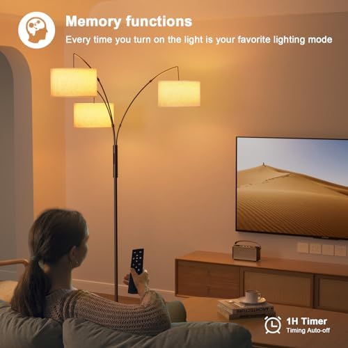 SIBRILLE 36W RGB Arc Floor Lamp with 3 Fabric Shades, 3000LM Super Bright Standing Lamp with Remote Control & Touch, Stepless Dimming, Individual Light Control for Living Room, Bedroom - Image 6