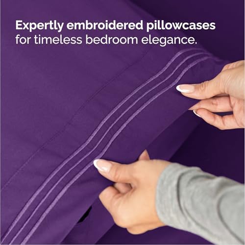 Queen Size 4 Piece Sheet Set - Comfy Breathable & Cooling Sheets - Purple - Image 6