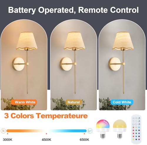 ADISUN Battery Operated Wall Sconce Set of 2, Gold Wall Lamps Rechargeable Bulbs for Living Room, Rattan Shade Wireless Wall Lights for Bedroom Living Room Hallway Kitchen(2 Bulbs Included) - Image 3