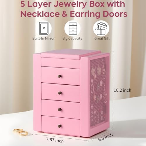 Meangood Jewelry Box Wood for Women, 5-Layer Large Organizer Box with Mirror & 4 Drawers for Rings, Earrings, Necklaces, Pink - Image 2