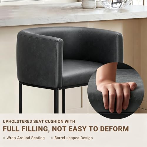 26" H Counter Height Bar Stools Set of 2, Modern Barrel Counter Stools with Backrest and Arms, Faux Leather Upholstered Accent Barstools for Kitchen Island,Support 450 LBS (Black) - Image 5