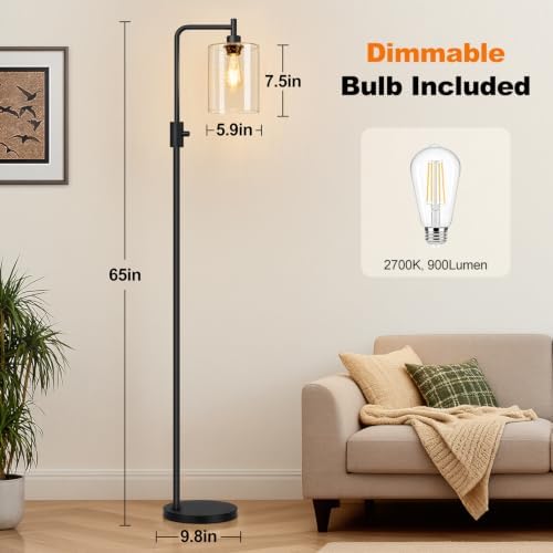 【Upgraded】 Dimmable Floor Lamp for Living Room with Seeded Glass Lampshade, Black Modern Glass Floor Lamp with 900LM LED Bulb Included, Arc Standing Tall Lamp for Bedroom, Office, Reading Room, Corner - Image 7