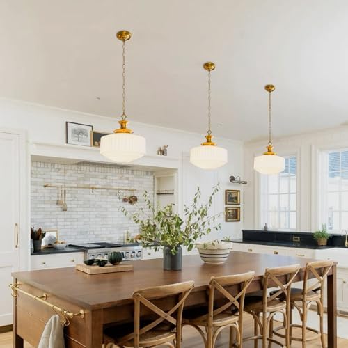 Vintage Brass Milk Glass Pendant Light Fixture, 13.8" White Pleated Glass Chandelier, Antique Pendant Lights, for Kitchen Island Lighting, Hallway, Bedroom, Dining Room, Foyer, E26 Bulb Included - Image 2