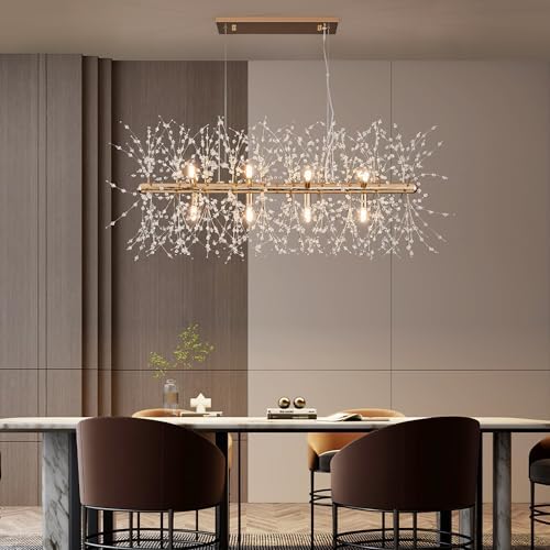 Modern 35.4" Modern Gold Crystal Firework Chandelier, 12-Light Pendant Light Fixture, Rectangle Linear Sputnik Dandelion Chandeliers for Dining Room Kitchen Living Room by witkey