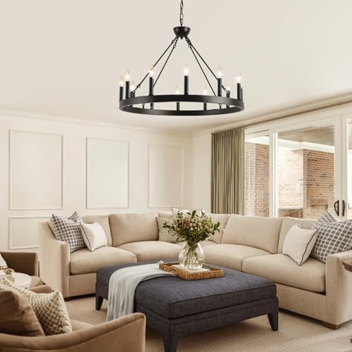 Wagon Wheel Chandelier 32" 12-Light Black Modern Farmhouse Chandeliers - Image 6