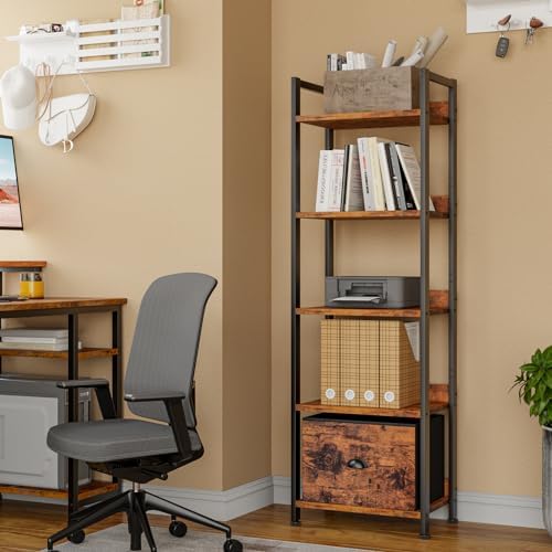 Furologee 5 Tier Bookshelf with Drawer, Tall Narrow Bookcase with Shelves, Wood and Metal Bookshelves Storage Organizer, Industrial Display Standing Shelf Unit for Bedroom, Living Room, Rustic Brown - Image 2