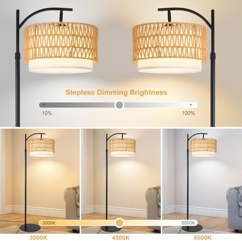 Rustic Black Farmhouse Floor Lamp with Woven Rattan Shade - 12W LED, Remote & Dimmable 3-Color Temp, Tall Standing Lamp for Living Room - Image 2
