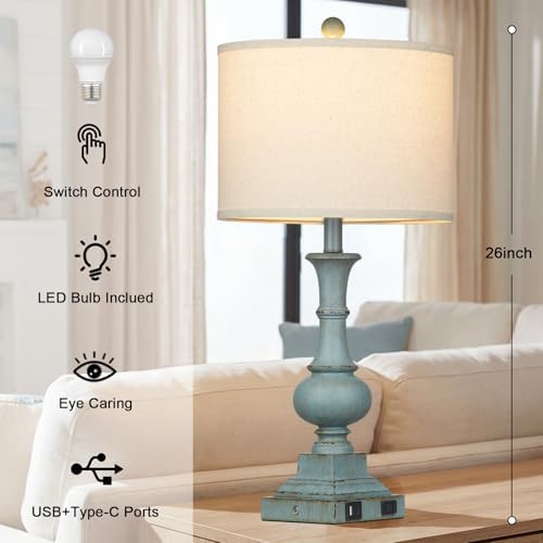 Lolikit 26" Tall Coastal Farmhouse Lamp for Living Room, Vintage Table Lamp with USB A/C Charging Ports & AC Outlets for Nightstand,3-Way Dimmable Touch Control Bedside Lamp for Bedroom End Table Blue - Image 5