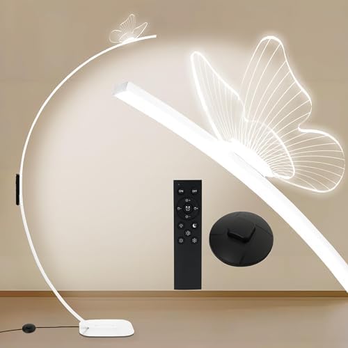 Arched Floor Lamp with Butterfly Design, Adjustable Brightness up to 2000 Lumens, Remote & Pedal Control, 3 Light Settings Standing Lamp for Living Room, Bedroom, Office (White) by Unknown