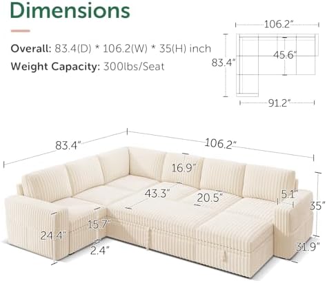 HONBAY Modular Sectional Sleeper Sofa with Pull Out Bed,Corduroy U Shaped Couch with Storage, Sectional Couches for Living Room,Beige - Image 2