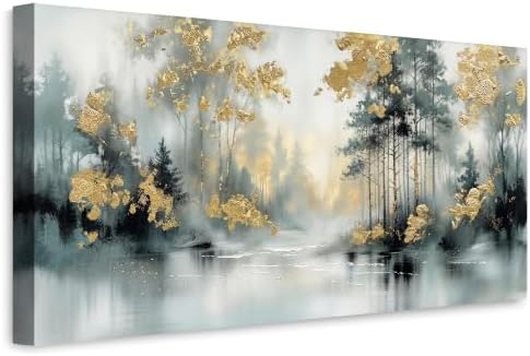 Anolyfi Misty Forest Grey Lake Canvas Wall Art for Living Room 40"x20" - Image 2