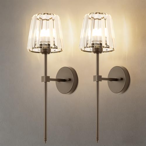 Crystal Battery Operated Wall Sconces Set of 2, Brown Rechargeable Wireless Wall Lights with Crystal Lampshade, 12 RGB and 3CCT Dimmable Wall Lamps with Remote for Bedroom Living Room Hallway by LJUJAM