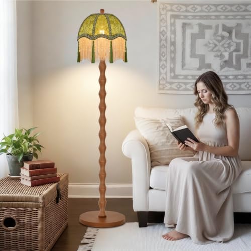 Vintage Floor Lamp For Living Room,Remote Dimmable Wood LED Standing Lamps With Victorian Fringe Green,Retro Corner Tall Lamp Floor Light For Bedroom,Office,Boho Farmhouse Nursery Rustic Decor - Image 6
