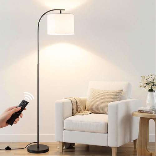 SIBRILLE Floor Lamp with Linen Shade, Arc Dimmable Tall Standing Lamp with Remote Control, Modern Floor Reading Light for Living Room Bedroom Office Corner, 9W LED Bulb Included by SIBRILLE