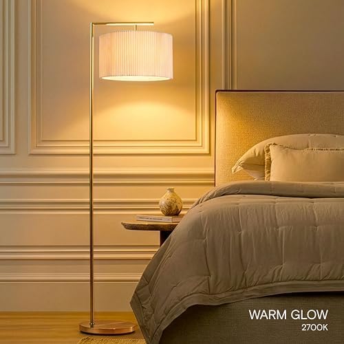 Brightech Montage Modern Floor Lamp - LED Standing Lamp with Tan Shade for Living Rooms & Offices - Bedroom Reading Light - Tall Corner Pole Lamp for Contemporary Home Decor - Antique Brass - Image 5