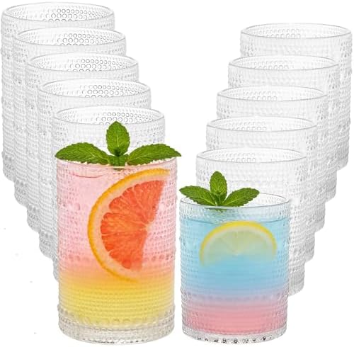 Hobnail Beaded Drinking Glasses Set of 12, 12 oz & 15oz Vintage Glassware Set Romantic Water Glasses Tumbler, Water Cups, Embossed Glassware Set for Beer, Juice, Cocktail, Soda, Beverages Clear by XKXKKE