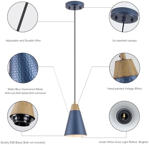 Dijiahua Blue Kitchen Pendant Lighting Over Island 3 Pack,Small Modern Farmhouse Chandeliers Navy Hammered Metal Shade,Mini Vintage Adjustable Cord Hanging Ceiling Lamp Fixtures Over Sink - Image 5