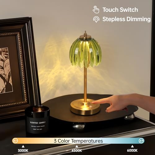 Shenmoyl Tulip Table Lamp with 5000mAh Battery & Touch Control, Cordless Table Lamp with 3 Colors, Dimmable Rechargeable Table Lamps for Bedroom, Nightstand, Living Room, Entryways (Green Tulip) - Image 3