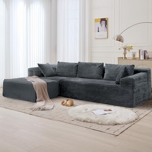 Korser 110" L-Shaped Modular Sectional Sofa with Chaise, Boneless Comfy Corduroy Fluffy Couch with Deep Seat and Side Pockets, Flexible Module Combination for Living Room, No Assembly, Side Pockets - Image 2