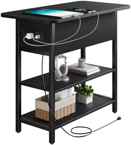 Yoobure End Table with Charging Station, Flip Top Side Table with USB Ports and Outlets, Sofa Couch Table Bedside Table for Living Room Bedroom, Narrow Nightstand with Storage Shelves for Small Space by Yoobure