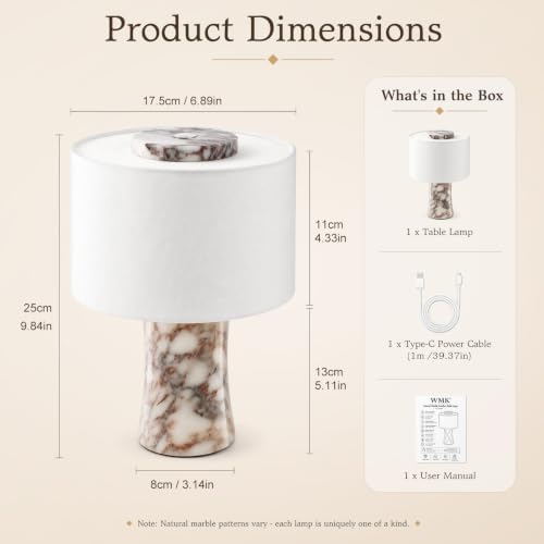 WMK Marble Lamp Cordless, Rechargeable Marble Touch Lamp with 3 Color, Linen Lampshade Stepless Dimming, Luxury Natural Calacatta Viola Stone Table Lamp for Bedroom, Living Room & Office(Dual Light) - Image 5