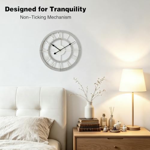 16 Inch Rustic Wall Clock Silent Non-Ticking Wooden Wall Clocks with Roman Numerals Farmhouse Decorative Clock for Living Room Bedroom Office (Grey) - Image 5