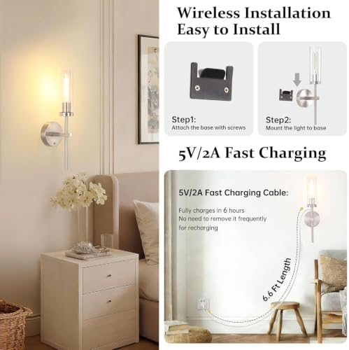 Shenmoyl Battery Operated Wall Sconces Set of 2, Nickel Rechargeable Wall Lighting Fixtures, Dimmable Wall Lights with Remote & Clear Glass Shade for Living Room, Bathroom,Bedroom - Image 6