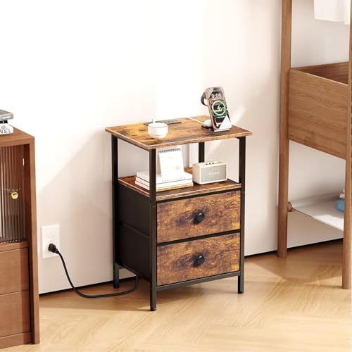 Nightstand with Charging Station, Bedside End Table with 2 Fabric Drawers for Bedroom, Side Table with USB Ports and Outlets, Rustic Brown - Image 6