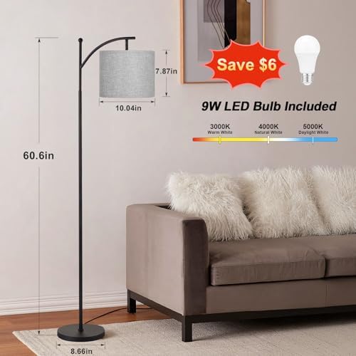 Ambimall 60" Floor Lamp for Living Room with 3 Color Temperatures, Adjustable Grey Shade with Black Pole, Tall Lamp for Bedroom Office Classroom Dorm Room, 9W Bulb Included - Image 2