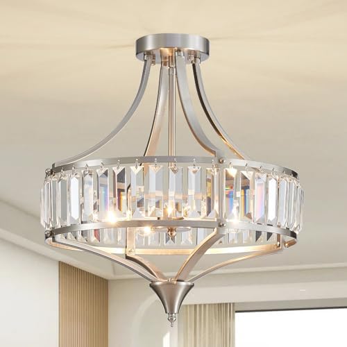Brushed Nickel 4-Light Crystal Semi Flush Mount Ceiling Light Fixture Rustic Farmhouse Ceiling Lighting with Round Metal Shade Chandelier for Dining Room, Hallway, Bedroom, Foyer by Majhoiw