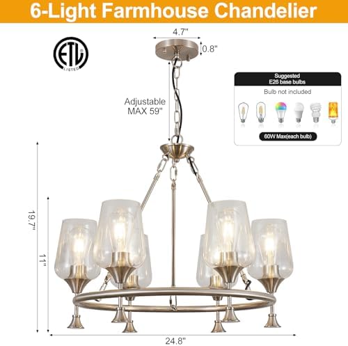 25" Modern Chandelier for Dining Room, No Assembly Required 6-Light Brushed Nickel Dining Room Light Fixture Over Table, Industrial Hanging Pendant Lights Fixture for Kitchen Island Foyer Entryway - Image 4