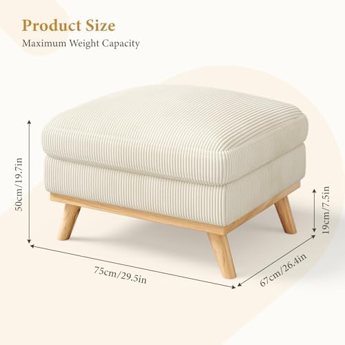 Vesgantti Large Ottoman for Modular Sofa, 29.5" Corduroy Pouf Ottoman with Spring Cushion, Rectangle Foot Rest for Couch, Entrance Footstool with Wood Legs, Footstool for Living Room, Bedroom, Beige - Image 2