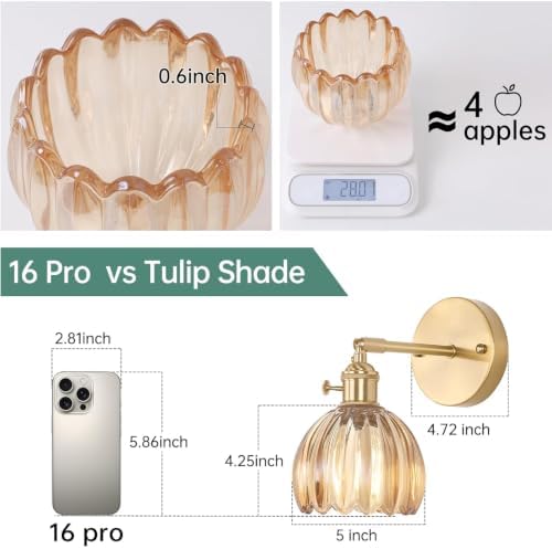 Shenmoyl Vintage Wall Sconces with Amber Tulip Glass Lampshade 180 Degree Adjustable Brass Sconces Hradwired Modern Wall Lighting Fixture with Switch for Bedside Bedroom Doorway - Image 3