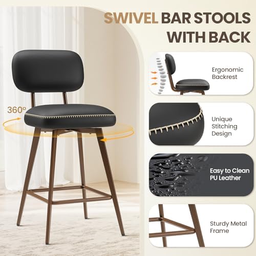 MALOL 26“ Swivel Bar Stools Set of 2, Mid Century PU Leather Counter Height Bar Chairs with Low Back and Metal Legs, Modern Bar Stool Chair for Kitchen Island, Black - Image 3