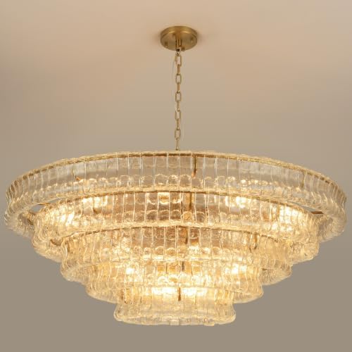 48" 5-Tier Clear Ripple Glass Chandelier, 20-Light Round Brass Chandelier by PIOUTNF
