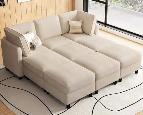 Belffin 84.3" 9 Seats Sleeper Sofa Modular Sectional Sofa Washable Sectional Couches for Living Room Comfy Couches with Storage Seat Couch Sofas with Chaise,Beige by Belffin