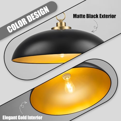 Lingkai 19.8" Modern Pendant Lights Kitchen Island, Black and Gold Dome Pendant Lighting Fixture, Farmhouse Hanging Ceiling Light for Dining Room Living Room Over Table Hallway - Image 3