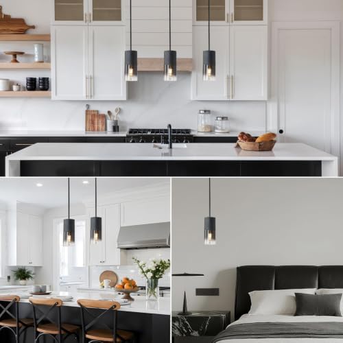 Pendant Light Fixtures, Adjustable Modern Pendant Lights for Kitchen Island, Industrial Glass Pendant Lights for Dining Table Hallway Bedroom Living Room Black 3 Packs - Image 2